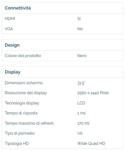 MONITOR MSI CURVO 31,50 LED VA 16:9 WQHD, 1000R, 1MS 170Hz, 300 CDM, REG ALTEZZA, USB-C, DP/HDMI