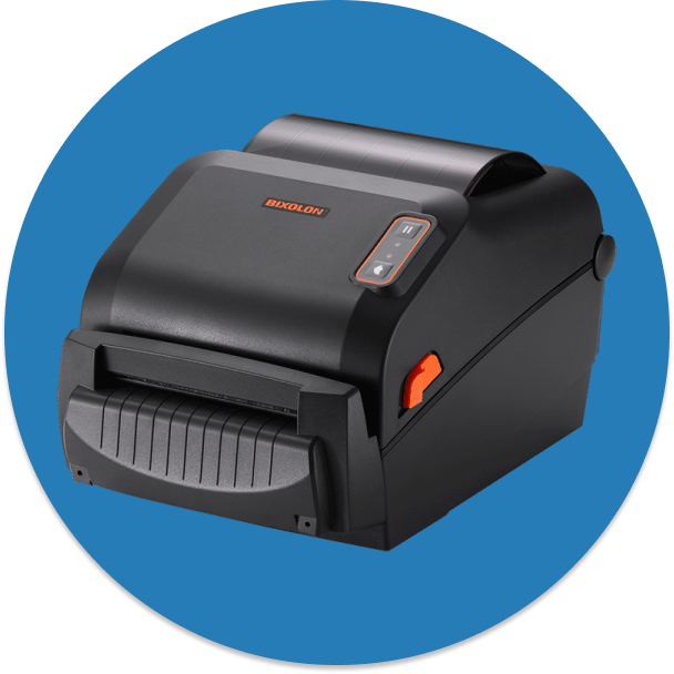 Professional black Bixolon desktop barcode printer with blue circular background