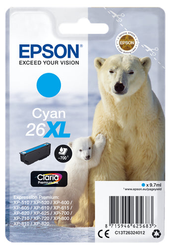 CARRELLO EPSON INK CIANO PER XP-600/605/700/800 SERIE 26XL/ORSO POLARE