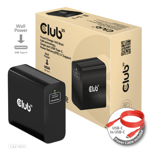 CLUB 3D TRAVEL CHARGER 140 WATT GaN TECHNOLOGY SINGLE PORT USB TYPE-C POWER DELIVERY(PD) 3