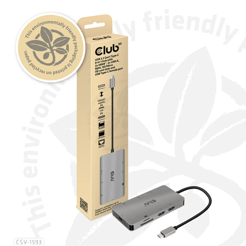 CLUB3D USB 3.2 GEN1 TYPE-C 8-IN-1 HUB WITH 2X HDMI, 2X USB-A, RJ45, SD/MICRO SD CARD SLOTS